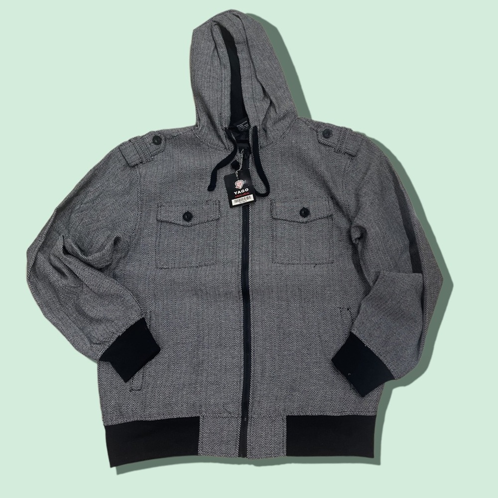 Men’s houndstooth woven black and gray zip up hoodie size XL brand new